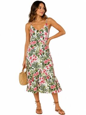 Hurley Tropical Floral Midi Dress Large White Pink Green Hawaiian Sundress Beach